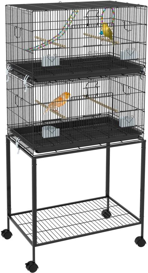 MHSTAR UK LTD PawHut 2 Tier Bird Cage, Budgie Cage with Stand, Swing, Rope, Ladder, Wheels, Shelf, Tray, Perches, Food Containers, for Canaries, Lovebirds, Finches