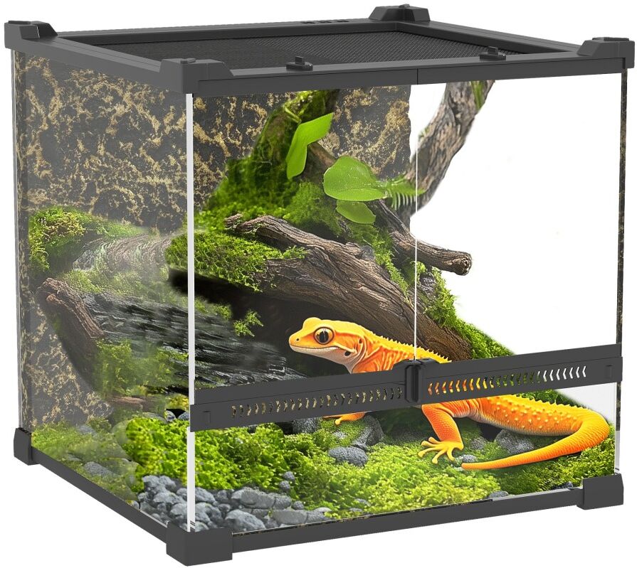 MHSTAR UK LTD PawHut Reptile Glass Terrarium, Reptile Vivarium with Stone Background, Front Ventilation, Escape-Proof Knob Lock, Glass Enclosure for Lizards, Horned