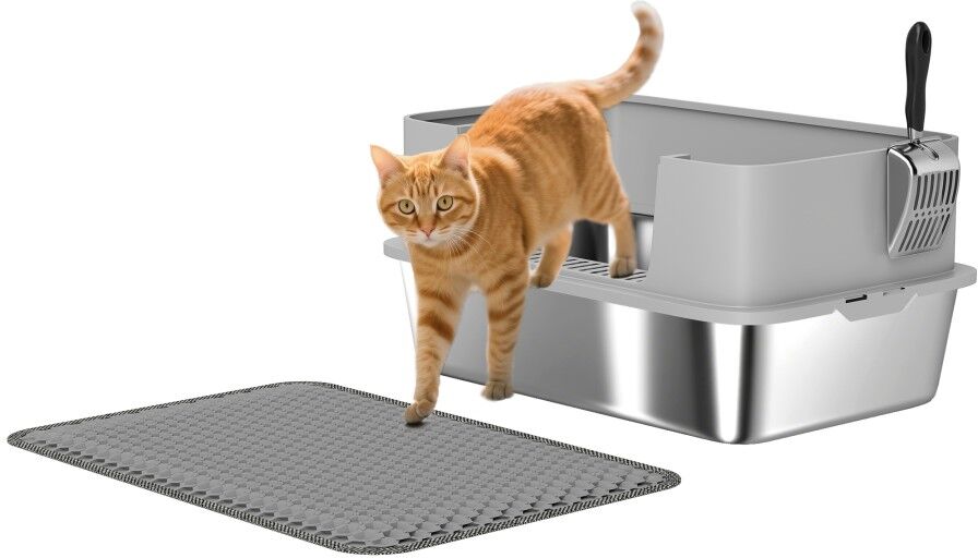 MHSTAR UK LTD PawHut Stainless Steel Litter Box, High Sided Cat Litter Tray with Metal Scoop, Litter Mat, Never Absorbs Odors, Anti Leakage & Easy to Clean, Pet Toi