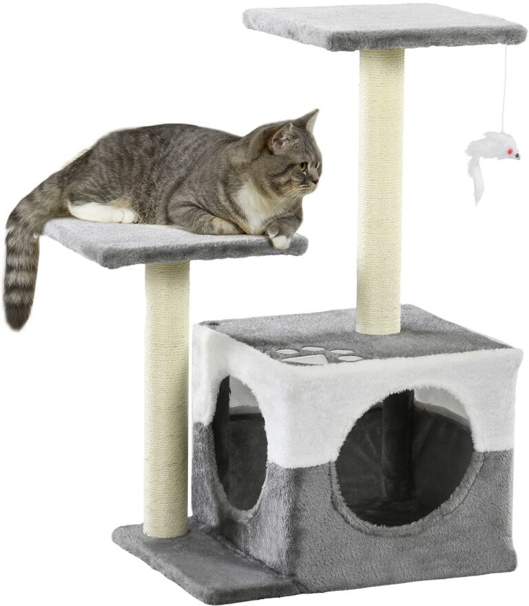 MHSTAR UK LTD PawHut Cat Tree Tower for Indoor Cats Kitten House Scratching Posts with Condo Perch Interactive Mouse Toy, 45 x 33 x 70 cm, Grey