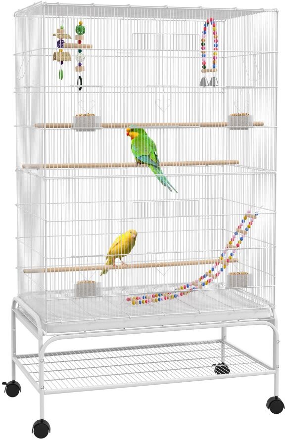 MHSTAR UK LTD PawHut Bird Cage with Stand, Toys, Wheels, for Canaries, Finches, Lovebirds, Parakeets, Budgie Cage with Accessories, Storage Shelf - White