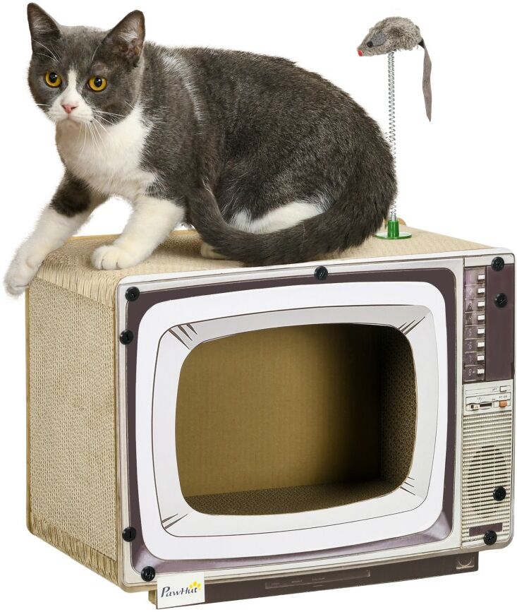 MHSTAR UK LTD PawHut Cardboard Cat House with Scratcher, Catnip, TV-Shaped Cat Play House with Toy Mouse for Indoor Cats