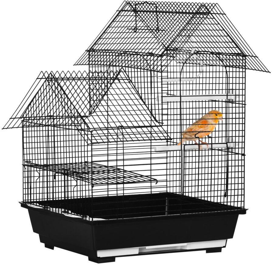 MHSTAR UK LTD PawHut Metal Bird Cage w/ Plastic Perch, Food Container, Swing Ring - Black