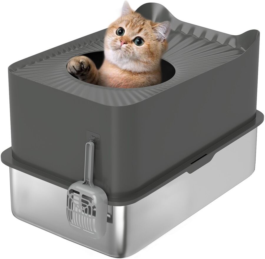 MHSTAR UK LTD PawHut Stainless Steel Litter Box, Extra Large Enclosed Cat Litter Tray with Scoop, Top Entrance, Non-slip Pads, Easy to Clean & Never Absorbs Odors,