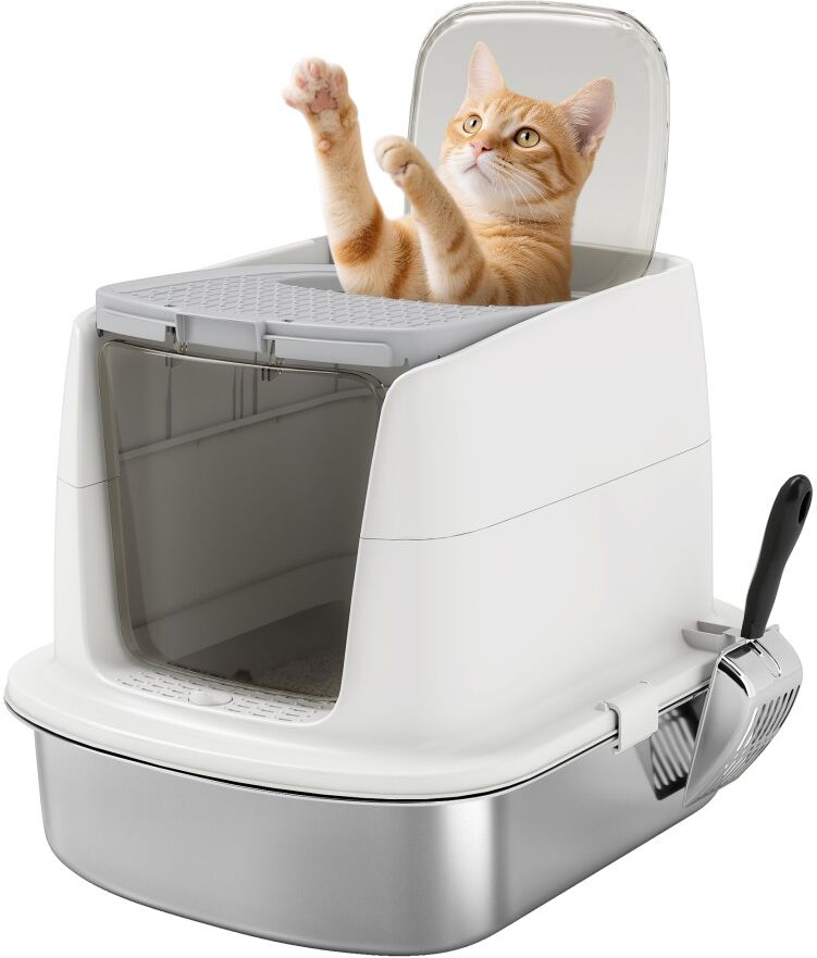 MHSTAR UK LTD PawHut Stainless Steel Litter Box with Lid, Large Hooded Cat Litter Tray with Front-Entry and Top-Exit, Metal Scoop, Deodoriser Bag, Non-Sticky, Odour