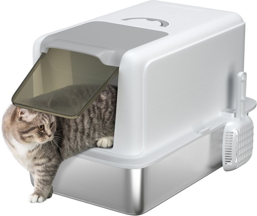 MHSTAR UK LTD PawHut Stainless Steel Cat Litter Box, Extra Large Metal Cat Litter Tray with Lid, Scoop, Filter Bags, Easy to Clean & Never Absorbs Odours, White