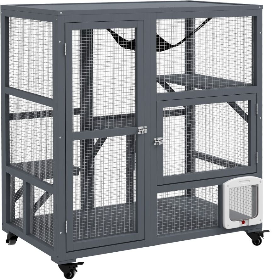 MHSTAR UK LTD PawHut Cat Cage House, Catio Cat Outdoor Enclosure on Wheels, Weather-Resistant Wooden Kitty Cage with Platforms, Hammock, 100L x 60W x 110Hcm - Light