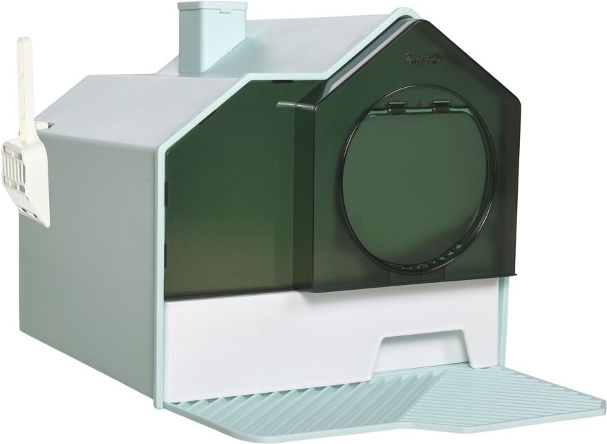 MHSTAR UK LTD PawHut Hooded Cat Litter Tray with Scoop, Cat Litter Box with Drawer Pan, Handle, Deodorants, Hut Design, Front Entrance, 47 x 45 x 42cm - Light Blue