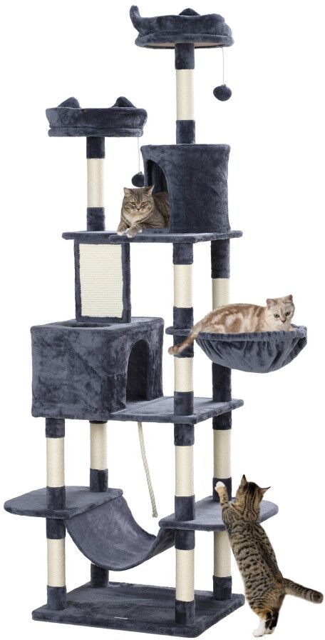 MHSTAR UK LTD PawHut Cat Tree, 206cm Cat Tower with Sisal Scratching Posts and Board, Beds, Condos, Platforms, Hammocks, Toy Balls & Rope, Anti-Tip Kit, Kitten Acti