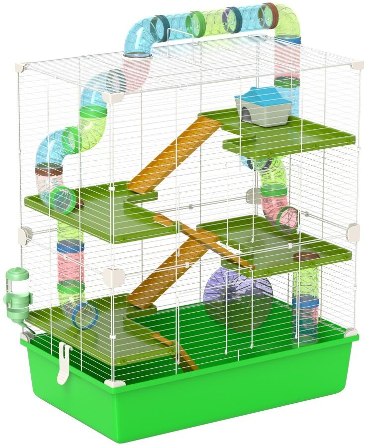 MHSTAR UK LTD PawHut Hamster Cage with Tunnel Tube System, 5 Level Gerbil Haven with Water Bottle, Exercise Wheel, Food Dish, Ramps 59 cm x 36 cm x 69 cm - Green