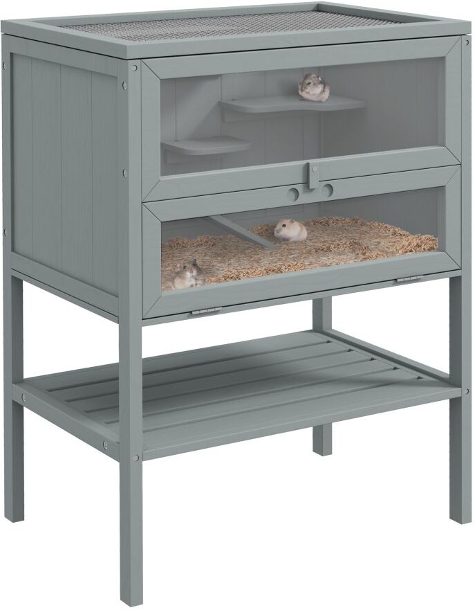 MHSTAR UK LTD PawHut Wooden Hamster Cage with Storage Shelf, Small Animal Exercise Play House with Openable Top, for Hamsters, Gerbils, 60 x 40 x 80 cm - Grey