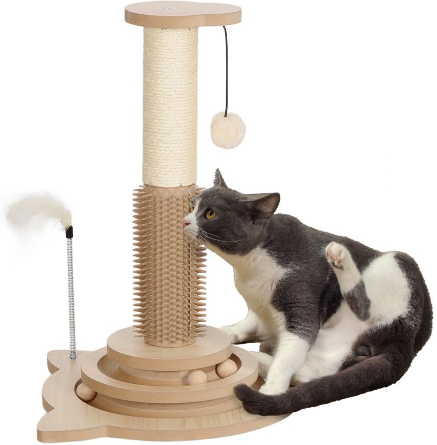 MHSTAR UK LTD PawHut Cat Scratching Post, 49cm Cat Scratcher with Sisal Post, Interactive Track Ball Toy, Self Grooming Brush, Hanging Toy Ball, Feather, 5 in 1 Sma