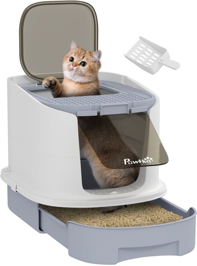 MHSTAR UK LTD PawHut Cat Litter Box with Lid, Hooded Cat Litter Tray with Scoop, Deodorization Bags, Top Entry, Cat Toilet Easy Clean with Drawer Pan, Grey
