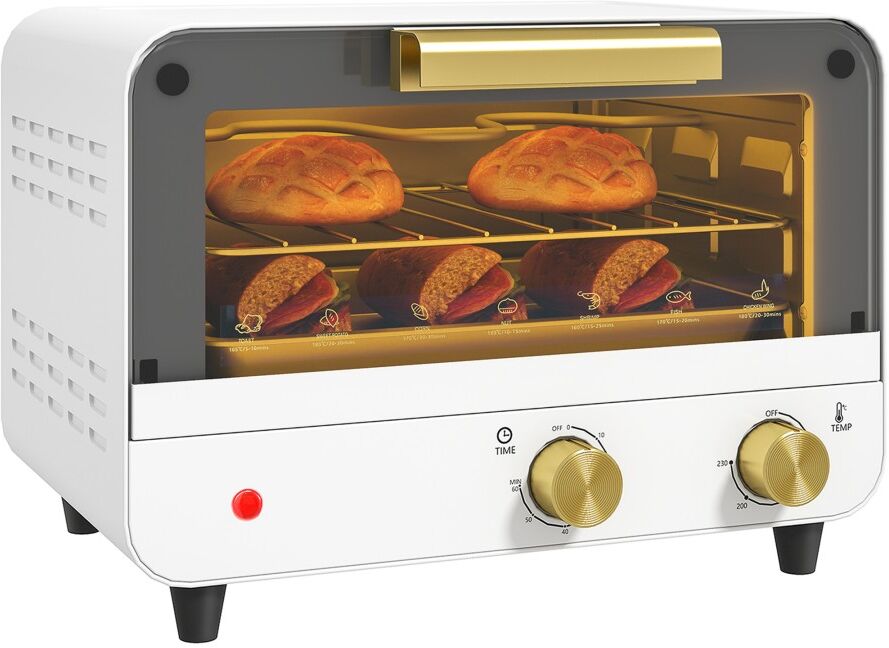 MHSTAR UK LTD HOMCOM Small Toaster Oven, 12L Multifunction Mini Countertop Oven with Glass Door, Adjustable Temperature and Timer, Accessory Included, 750W, White