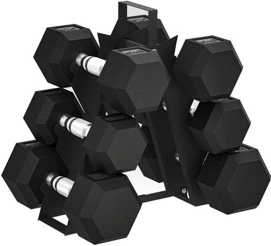 MHSTAR UK LTD SPORTNOW Hex Dumbbell Set with Weights Storage Rack, Rubber Coated Dumbbells, Non-Slip Chrome Handles, Space-Saving for Home Gym Weight Lifting Streng