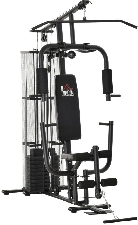 MHSTAR UK LTD HOMCOM Multi-Exercise Gym Workout Station, 45Kg Weight Stack Training System, Full Body Fitness for Home Gym, Black