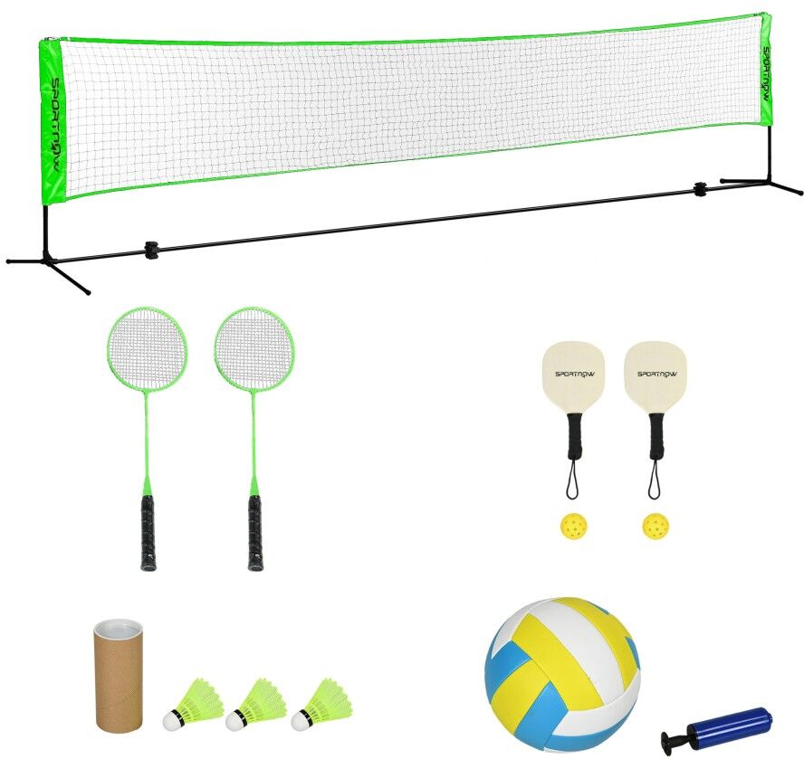 MHSTAR UK LTD SPORTNOW Portable Badminton Set, Multi-Sports Badminton Net for Pickleball Volleyball with 3 Shuttlecocks, 4 Rackets, for Indoor Outdoor, Garden, Beac
