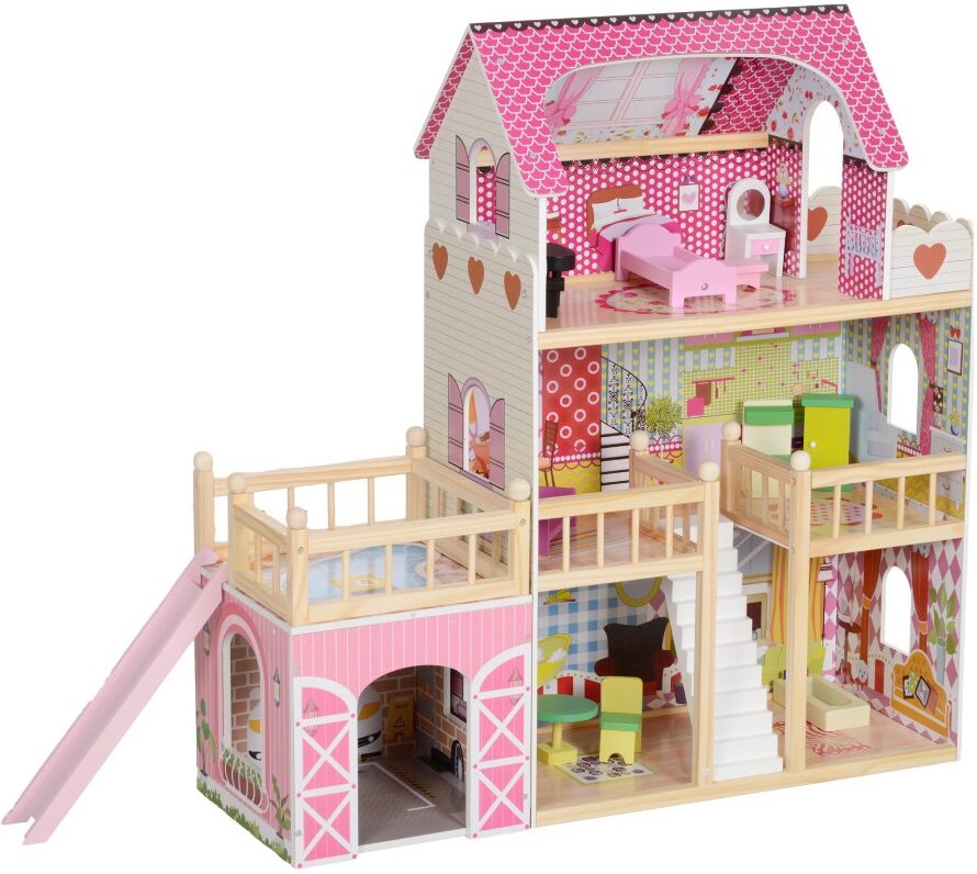 MHSTAR UK LTD AIYAPLAY Dolls House with 13 Pieces Wooden Furniture and Accessories, 3 Storey Play Set with Detachable Balcony, Garage, Movable Slides, Gift for 3-6