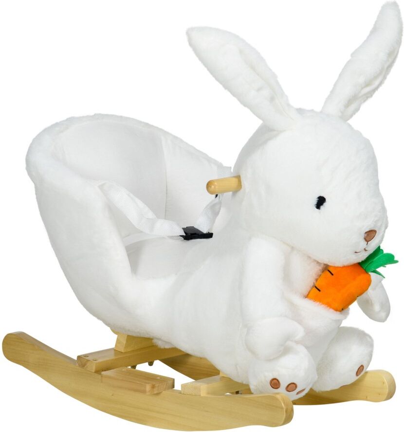 MHSTAR UK LTD HOMCOM Kids Rocking Horse, Plush Rabbit-Shaped Baby Rocking Animal w/ Carrot Toy, Safety Harness, Realistic Sounds, Foot Pedals, for Toddlers Aged 18-