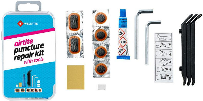 MTB inner tube repair kit with tools - box 4 patches 18mm + 2 patches 28x18mm + glue 5g + pumice paper + chalk + 3 tire levers + 2 allen keys 5 and 6 mm with instructions Weldtite Noir One size Unisex
