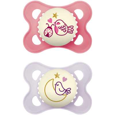 MAM Night Glow in the Dark Soother - Bird - 0-6 months - Pack of 2 MAM Night Glow in the Dark Soother - Bird - 0-6 months - Pack of 2