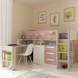 Girona -Kids Mid Sleeper Bed - Pink and Oak - Wood - Single - 3ft - Happy Beds