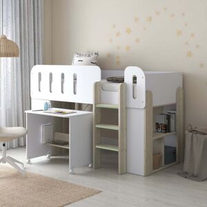 Happy Beds Amelia - Single – Mid Sleeper with Storage and Pull-Out Desk – White/Pale Wood - Particleboard - 3ft Happy Beds Amelia - Single – Mid Sleeper with Storage and Pull-Out Desk – White/Pale Wood - Particleboard - 3ft