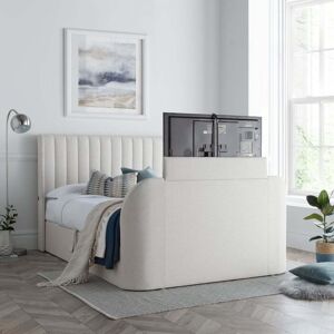 Luther - King Size - Winged Ottoman Storage TV Bed - Natural - Fabric - 5ft - Happy Beds Luther - King Size - Winged Ottoman Storage TV Bed - Natural - Fabric - 5ft - Happy Beds