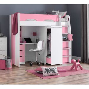Pegasus - Single - Kids High Sleeper Bed - Wardrobe - Desk and Storage - Pink and White - Wooden - 3ft - Happy Beds Pegasus - Single - Kids High Sleeper Bed - Wardrobe - Desk and Storage - Pink and White - Wooden - 3ft - Happy Beds