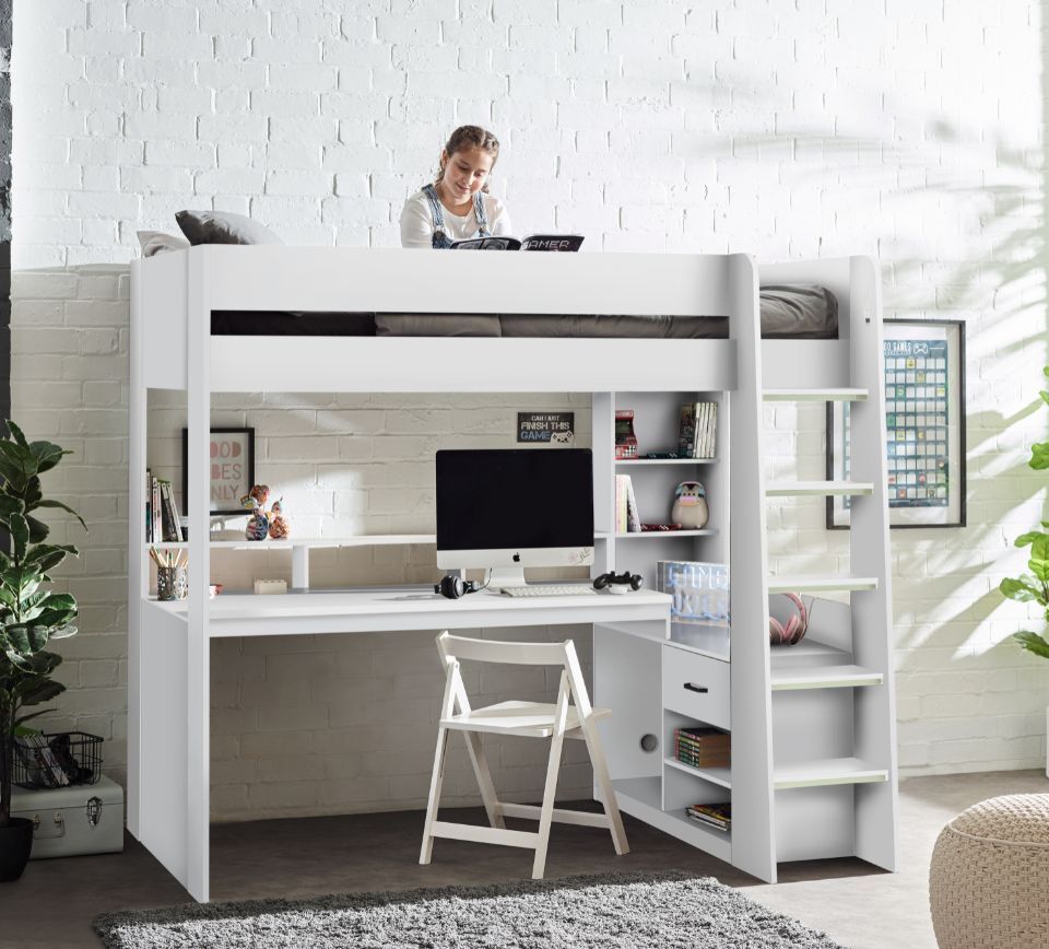 Blaze – Single – Gaming Bed with Desk and Shelving Unit – White – Wooden – 3ft - Happy Beds
