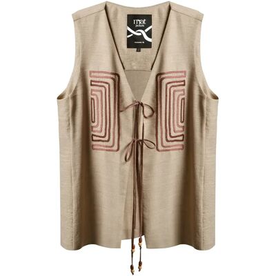 Linen Blend Maze Embroidered Gilet Women's Mat Fashion Beige S Linen Blend Maze Embroidered Gilet Women's Mat Fashion Beige S
