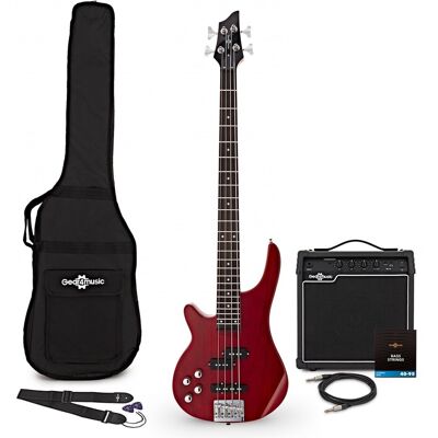 Gear4Music Chicago Left Handed Bass Guitar Trans Red 15W Bass Amp & Accessory Pack Gear4Music Chicago Left Handed Bass Guitar Trans Red 15W Bass Amp & Accessory Pack