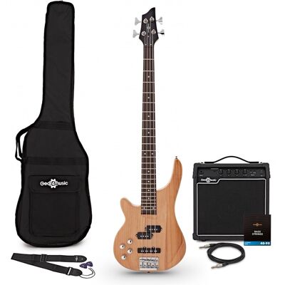 Gear4Music Chicago Left Handed Bass Guitar Natural 15W Bass Amp & Accessory Pack Gear4Music Chicago Left Handed Bass Guitar Natural 15W Bass Amp & Accessory Pack