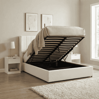 Alix Ottoman Storage Bed with Fluted Headboard - Boucle White Double Alix Ottoman Storage Bed with Fluted Headboard - Boucle White Double