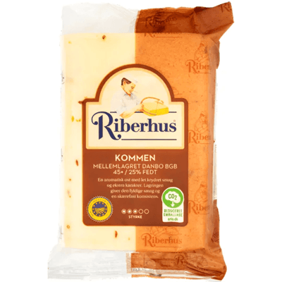 Arla Pre-Packed Danbo Riberhus m/Kommen – Cheese with Caraway 520g Arla Pre-Packed Danbo Riberhus m/Kommen – Cheese with Caraway 520g