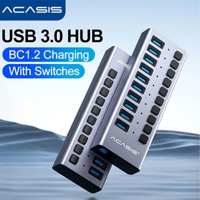 Acasis USB Splitter Powered USB Hub Aluminum 10 Port Expander USB 3.0 Data Hub Splitter Individual On/Off Switches for Pc Laptop Acasis USB Splitter Powered USB Hub Aluminum 10 Port Expander USB 3.0 Data Hub Splitter Individual On/Off Switches for Pc Laptop