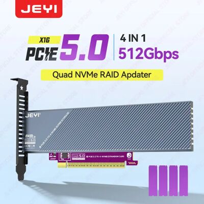 JEYI 4-Bay PCIe 5.0 x16 to M.2 NVMe Expansion Card 512Gbps 4 Slot NVMe RAID Card with PCIe 5.0 Support and Aluminum Casing Cool JEYI 4-Bay PCIe 5.0 x16 to M.2 NVMe Expansion Card 512Gbps 4 Slot NVMe RAID Card with PCIe 5.0 Support and Aluminum Casing Cool