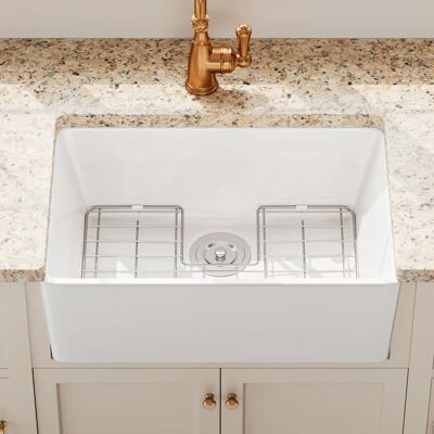 DeerValley Farmhouse Kitchen Sink, White Apron Front Belfast Style Sink 60.5 X 40.8cm, Large Deep Single Bowl Kitchen Basin with Drain Strainer & Bottom Grid, Country Style Kitchen Sink DeerValley Farmhouse Kitchen Sink, White Apron Front Belfast Style Sink 60.5 X 40.8cm, Large Deep Single Bowl Kitchen Basin with Drain Strainer & Bottom Grid, Country Style Kitchen Sink
