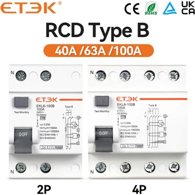 ETEK RCD RCCB Type B Earth Leakage Residual Current Circuit Breaker Evse 2P 4P 40a 63a 100a 30ma 300mA EKL6-100B Din Rail 220V ETEK RCD RCCB Type B Earth Leakage Residual Current Circuit Breaker Evse 2P 4P 40a 63a 100a 30ma 300mA EKL6-100B Din Rail 220V