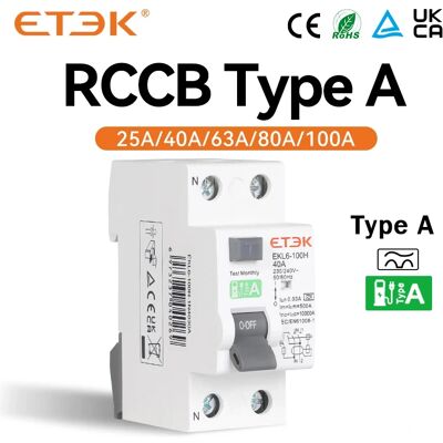 ETEK RCD RCCB Type A Electromechanic Residual Current Circuit Breaker A Type 1P N 10kA 25A 40A 63A 80A 100A 230V 30mA EKL6-100H ETEK RCD RCCB Type A Electromechanic Residual Current Circuit Breaker A Type 1P N 10kA 25A 40A 63A 80A 100A 230V 30mA EKL6-100H