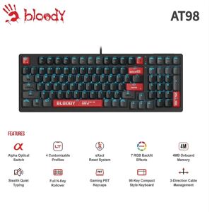 A4TECH Bloody AT98 Wired Gaming Keyboard Alpha Optical Switch 4 Custom Profiles 4MB Onboard Memory 98 Keys Anti-Ghosting USB A4TECH Bloody AT98 Wired Gaming Keyboard Alpha Optical Switch 4 Custom Profiles 4MB Onboard Memory 98 Keys Anti-Ghosting USB