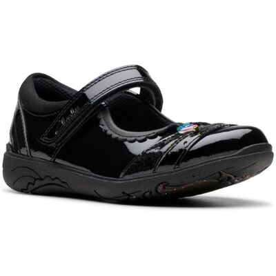 Clarks Relda Spark Mj Black patent Kids girls school shoes 7831-57G in a Plain Coated Leather in Size 1 Clarks Relda Spark Mj Black patent Kids girls school shoes 7831-57G in a Plain Coated Leather in Size 1