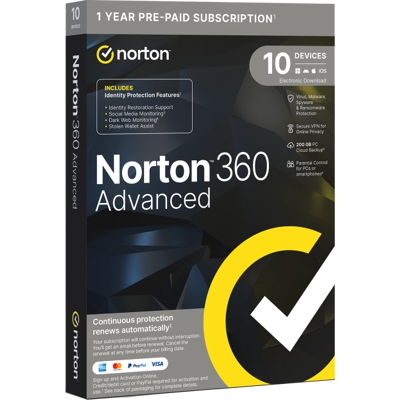 Symantec Norton 360 Advanced - Premium Identity Protection and VPN 1 Year, 10 Device Symantec Norton 360 Advanced - Premium Identity Protection and VPN 1 Year, 10 Device