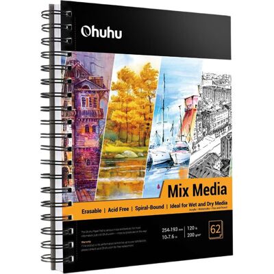 Ohuhu Mixed Media Sketchbook 10×7.6" (25.4×19.3cm) Portrait Format - 200gsm Spiral Bound, 124 Pages (62 Sheets) Acid-Free Paper for Watercolour, Acrylic, Pencils & Pastels, Wet & Dry Media Ohuhu Mixed Media Sketchbook 10×7.6" (25.4×19.3cm) Portrait Format - 200gsm Spiral Bound, 124 Pages (62 Sheets) Acid-Free Paper for Watercolour, Acrylic, Pencils & Pastels, Wet & Dry Media