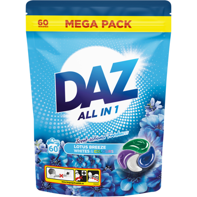 Daz All in 1 PODS, Washing Liquid Laundry Detergent, Whites & Colours, Lotus Breeze, 60 Washes Daz All in 1 PODS, Washing Liquid Laundry Detergent, Whites & Colours, Lotus Breeze, 60 Washes