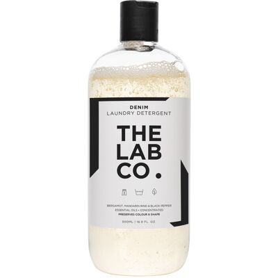 The Lab Co. Denim Laundry Wash. 500ml for 32 washes. Non-Bio liquid detergent for jeans. Scented with bergamot, mandarin rind and black pepper The Lab Co. Denim Laundry Wash. 500ml for 32 washes. Non-Bio liquid detergent for jeans. Scented with bergamot, mandarin rind and black pepper