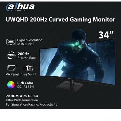 Dahua 34" UWQHD 200Hz Curved Gaming Monitor, Ultra-Wide Gaming Monitor, 3440×1440, 200Hz, VA Panel, 1ms MPRT, DCI-P3 85%, 2×HDMI & 2×DP1.4, Ultra-Wide Immersion, For Simulation / Racing / Productivity Dahua 34" UWQHD 200Hz Curved Gaming Monitor, Ultra-Wide Gaming Monitor, 3440×1440, 200Hz, VA Panel, 1ms MPRT, DCI-P3 85%, 2×HDMI & 2×DP1.4, Ultra-Wide Immersion, For Simulation / Racing / Productivity