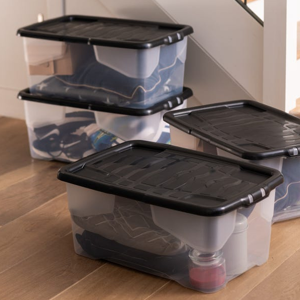 Strata Curve Storage Box & Lid 42L Clear/Black - Pack of 4 Strata Curve Storage Box & Lid 42L Clear/Black - Pack of 4