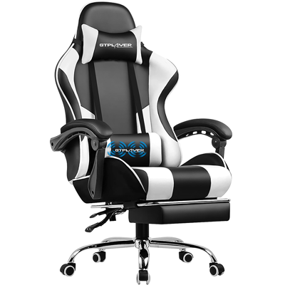 GTPLAYER Gaming Chair, Office Chair with Massage Footrest, Comfortable Headrest, Height Adjustable, Ergonomic Design, Artificial Leather, White, 51x52x135 cm GTPLAYER Gaming Chair, Office Chair with Massage Footrest, Comfortable Headrest, Height Adjustable, Ergonomic Design, Artificial Leather, White, 51x52x135 cm