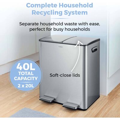 Tower Recycling Pedal Bin with Two Compartments 40L - Stainless Steel Tower Recycling Pedal Bin with Two Compartments 40L - Stainless Steel